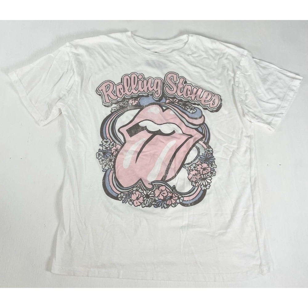 Official THE ROLLING STONES Flower Graphic Shortsleeve White Shirt – Mens S/M